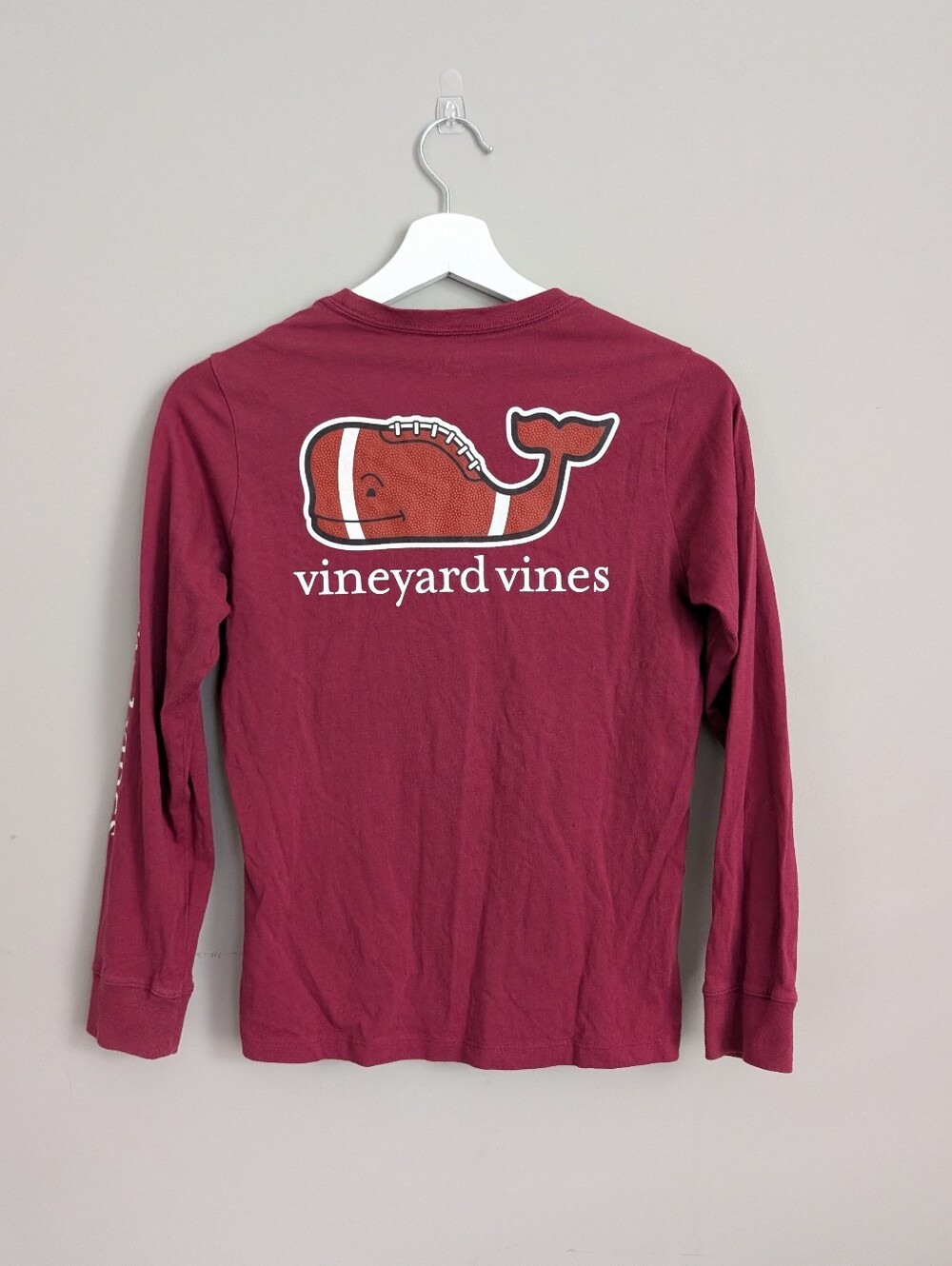 Vineyard Vines Boys Whale Long Sleeve Pocket Tee Maroon Football Size Small 8-10